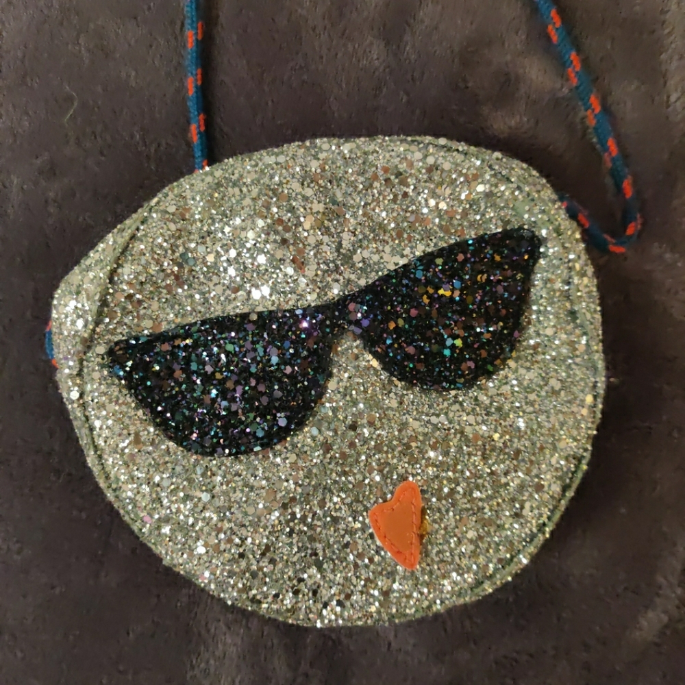 Crewcuts Silver Glitter Emoji Purse with Black Sunglasses